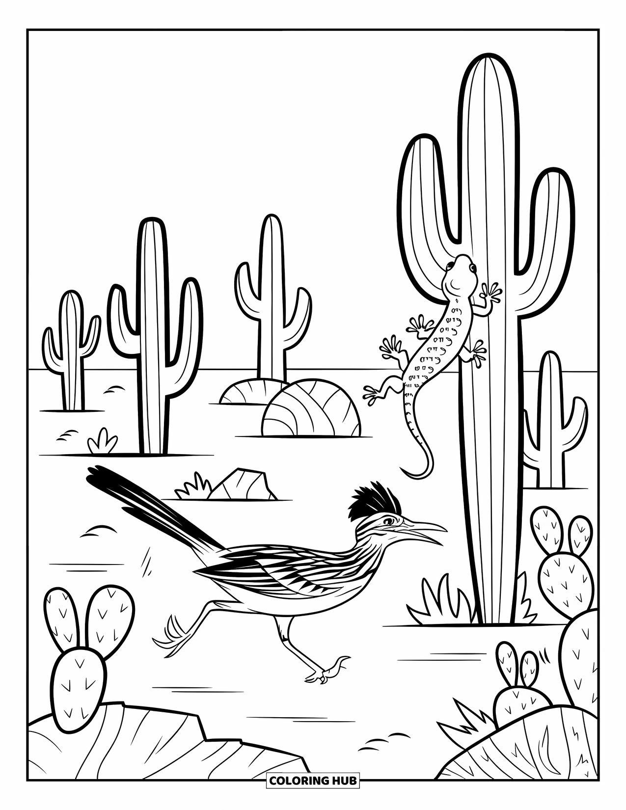 Arizona Coloring Page for Kids: A roadrunner sprints as a lizard climbs nearby cactus