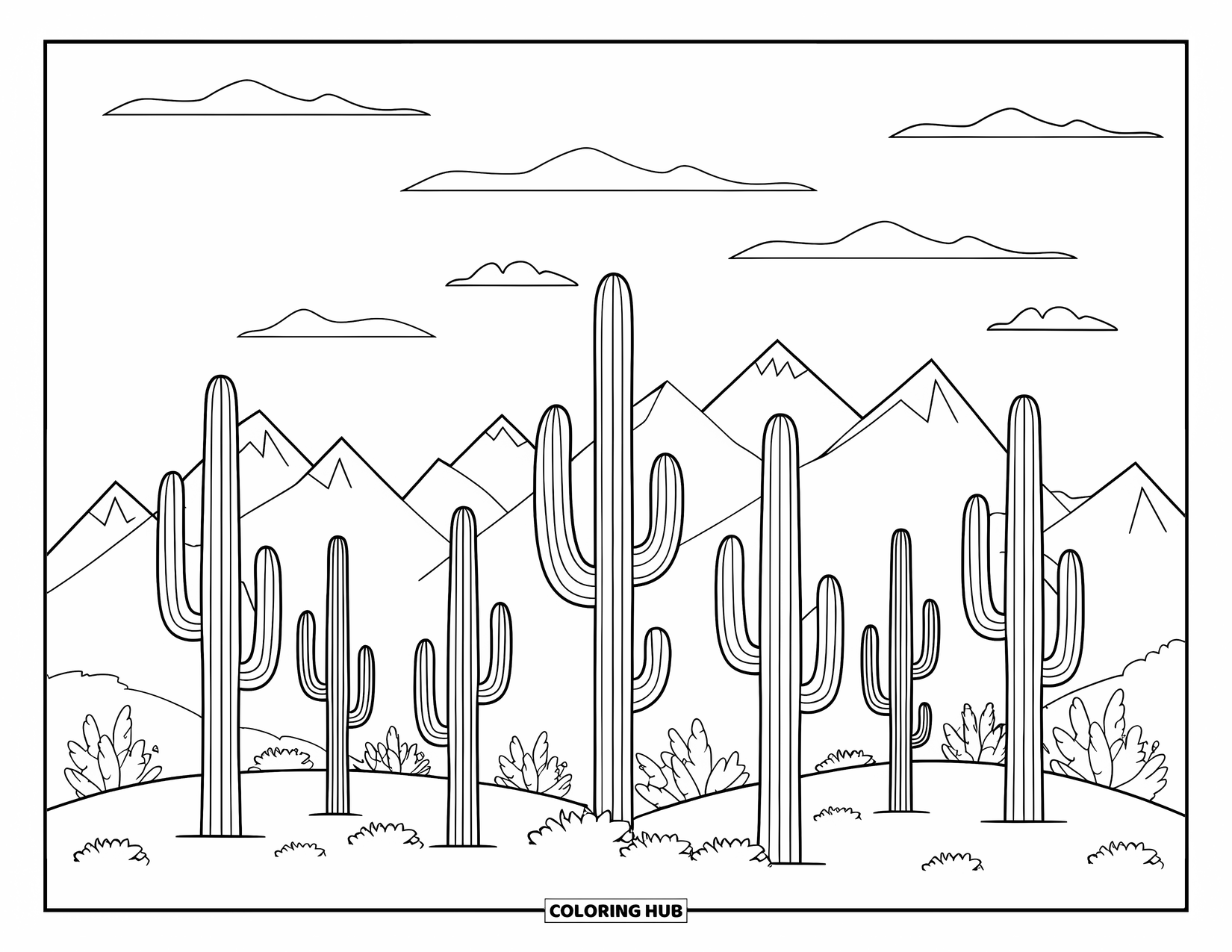 Arizona Coloring Page for Kids: A saguaro forest with distant mountains and scattered clouds