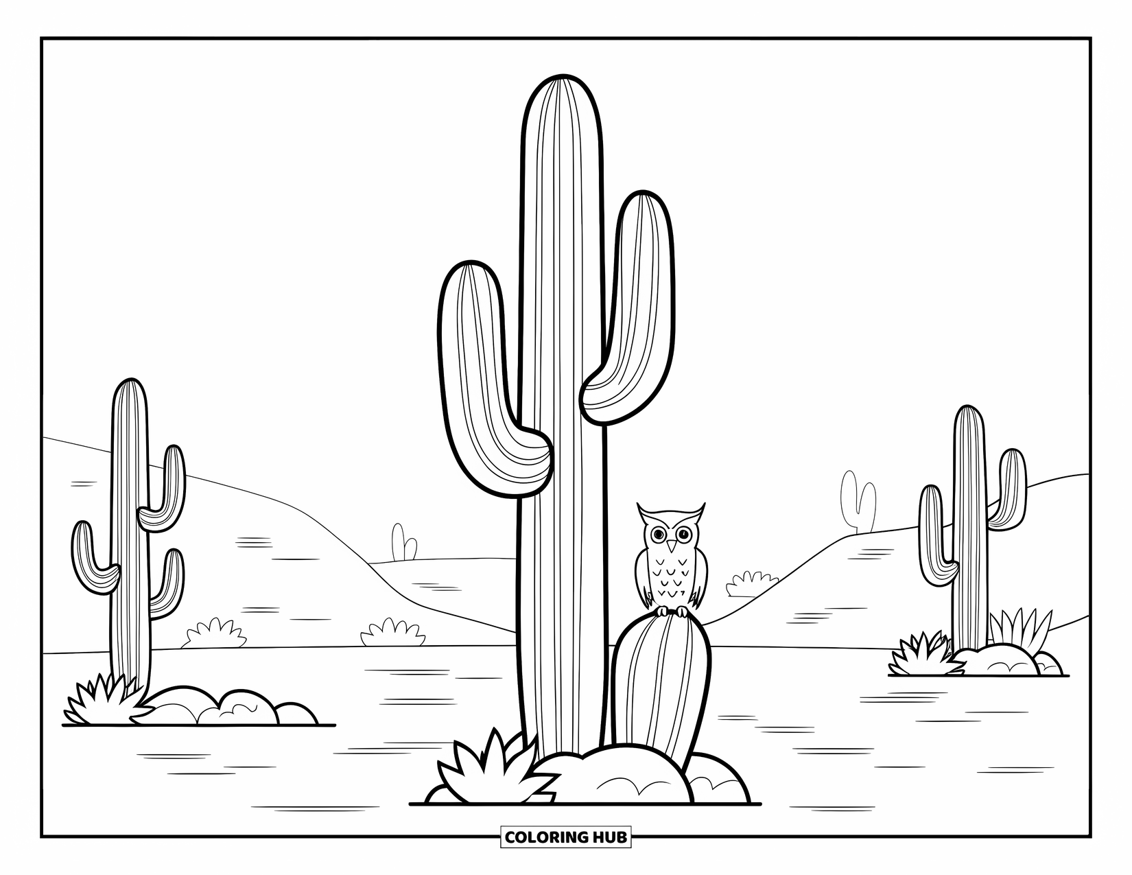 Arizona Coloring Page for Kids: A tall saguaro cactus with an owl resting inside a hollow