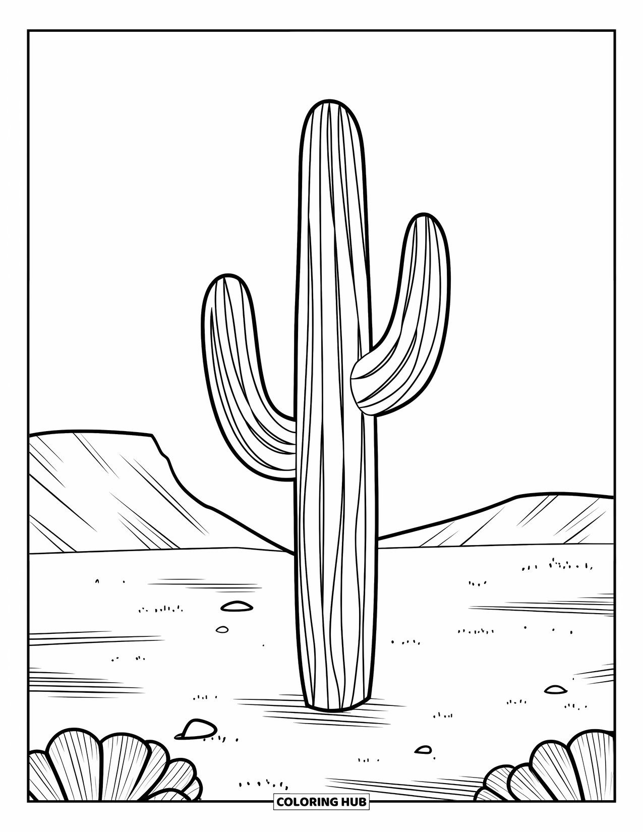 Arizona Coloring Page for Kids: A tall saguaro cactus with two arms in a flat desert