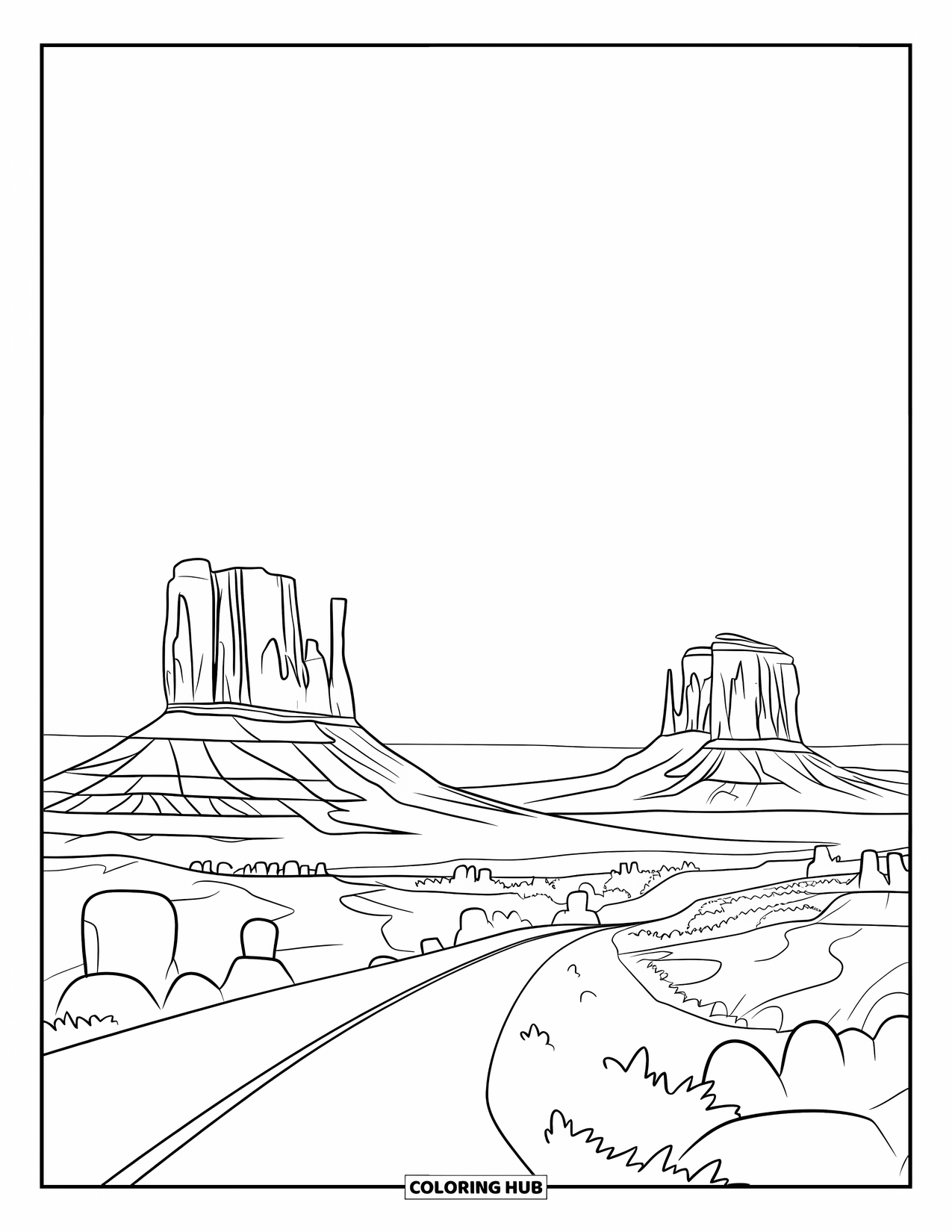 Arizona Coloring Page for Kids: A winding road runs through Monument Valley's tall spires