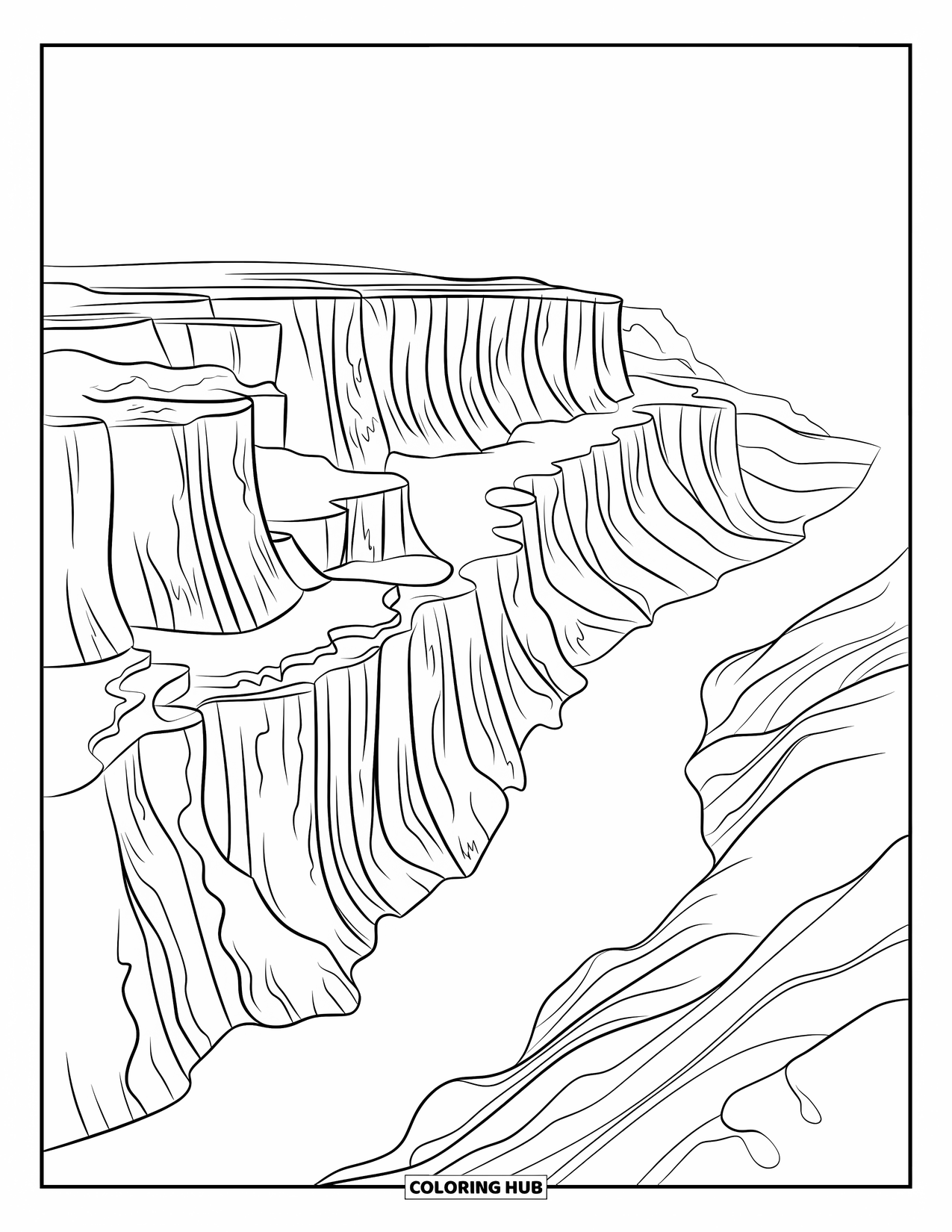 Arizona Coloring Page for Kids: Grand Canyon cliffs rise above a winding river