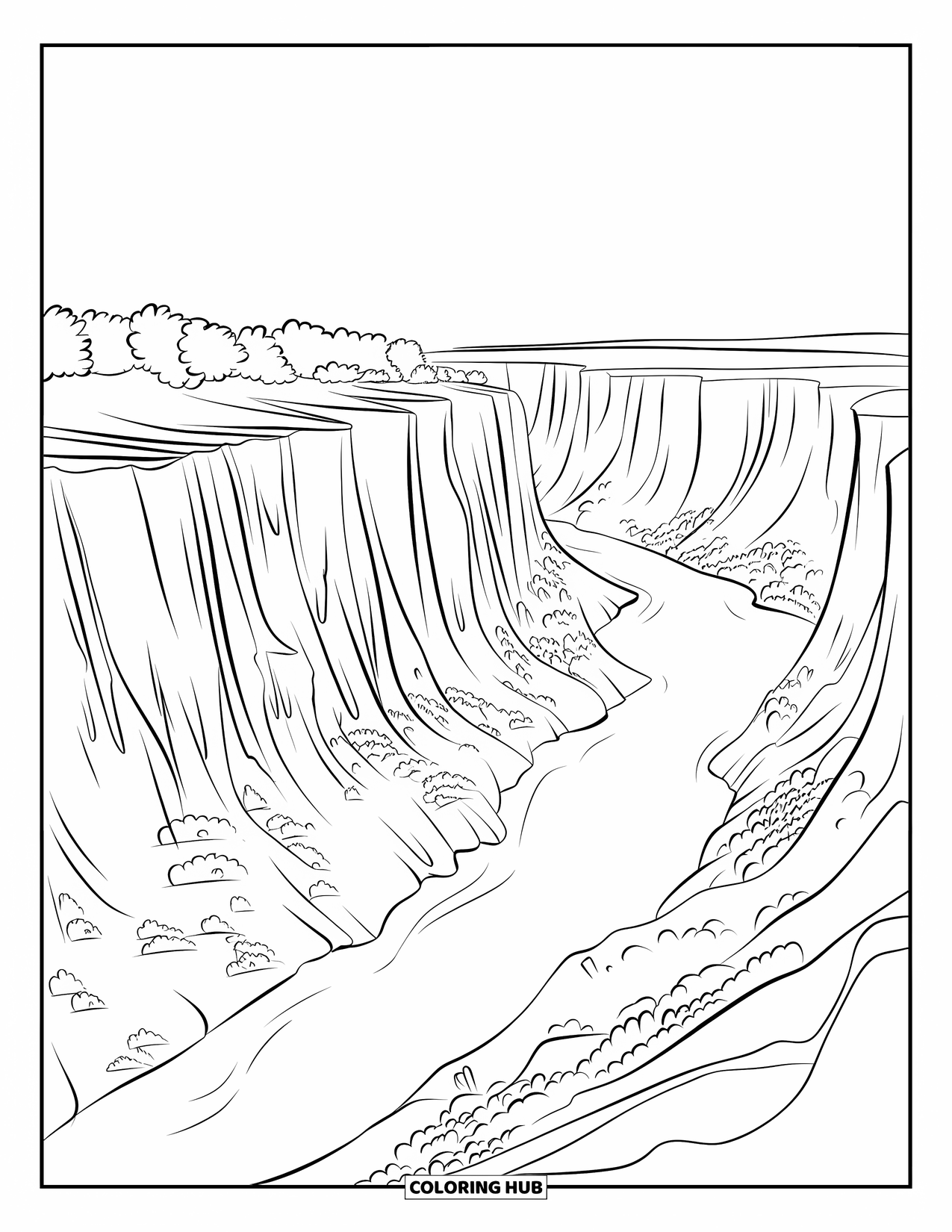 Arizona Coloring Page for Kids: Grand Canyon cliffs with bold rock layers and trees near the river