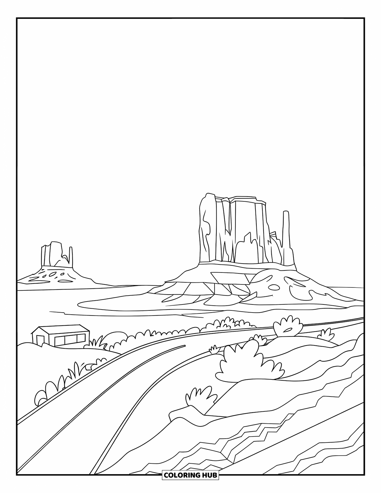 Arizona Coloring Page for Kids: Iconic Monument Valley cliffs with road and small buildings