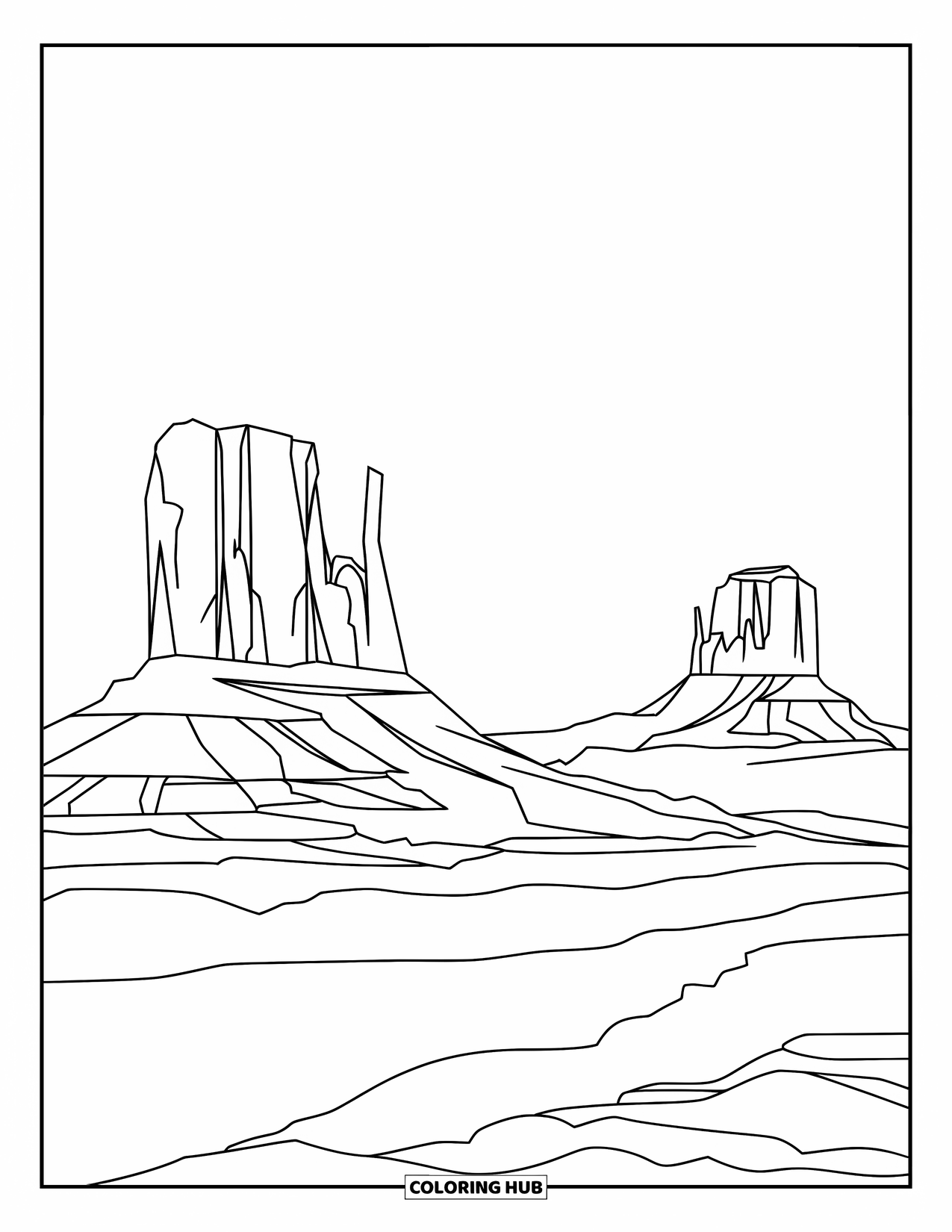 Arizona Coloring Page for Kids: Kid-friendly Monument Valley with bold butte outlines