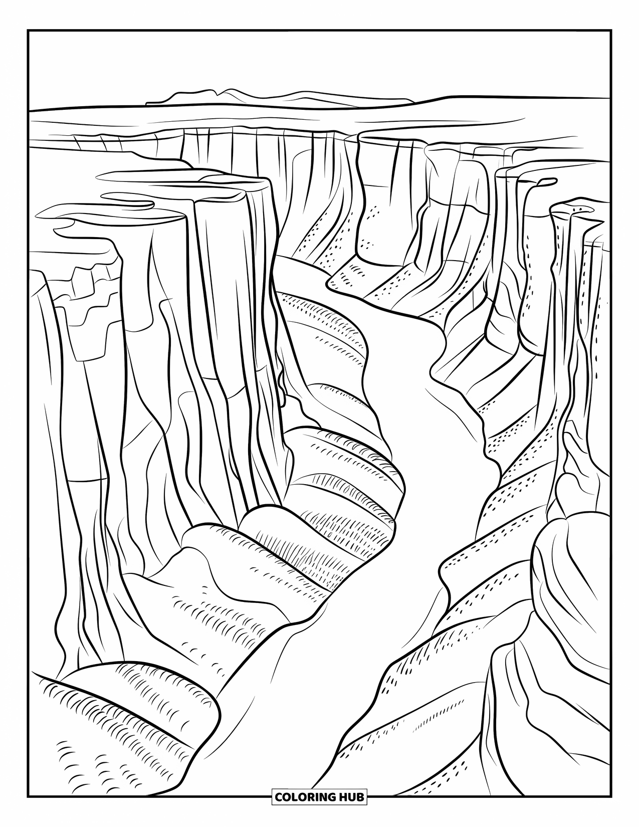 Arizona Coloring Page for Kids: Layered canyon cliffs with river flowing below