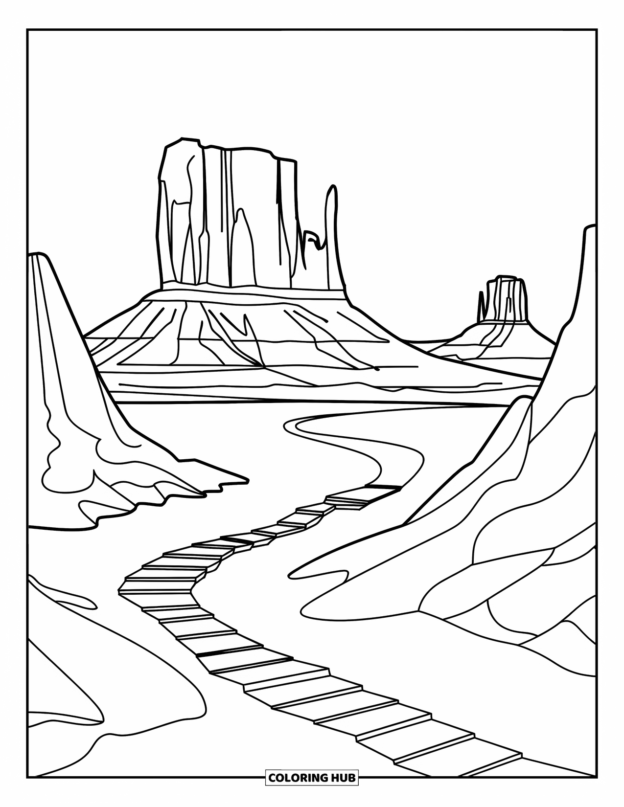 Arizona Coloring Page for Kids: Monument Valley buttes with a path and spiral staircase