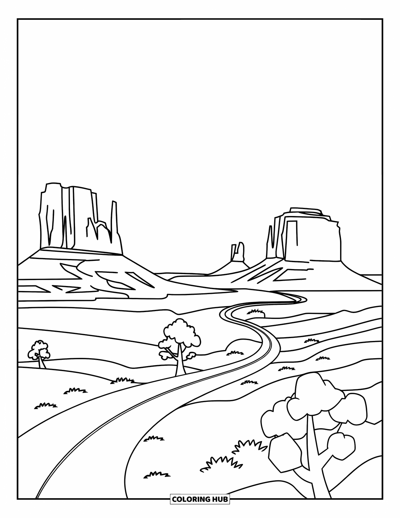 Arizona Coloring Page for Kids: Simplified Monument Valley rocks with a winding road