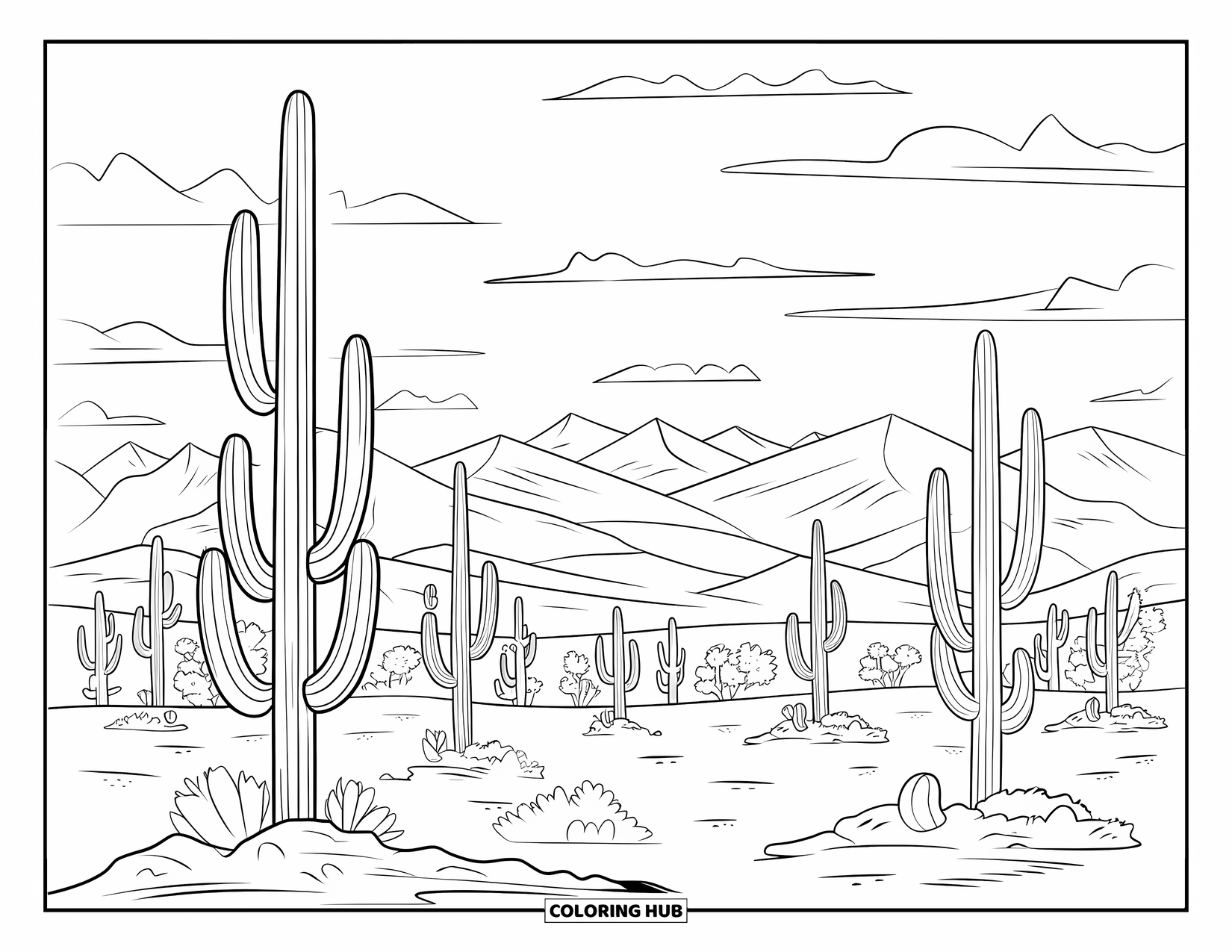 Arizona Coloring Page for Kids: Tall saguaros stand in rows with mountains behind them