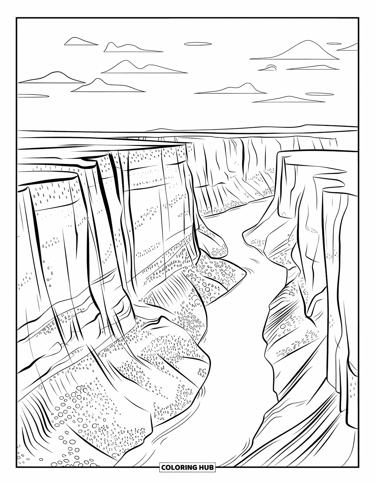 Arizona Coloring Page for Kids: Textured canyon cliffs with clouds above and river below