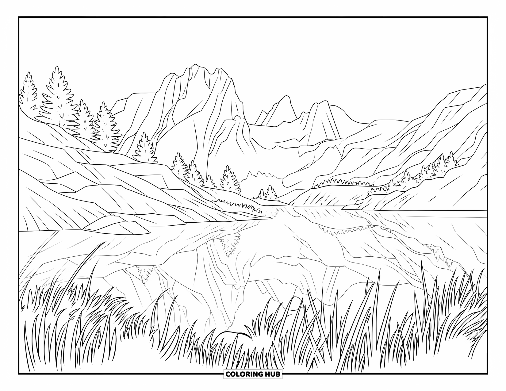 Australia Coloring Page for Adults: A calm view of Cradle Mountain mirrored in Dove Lake