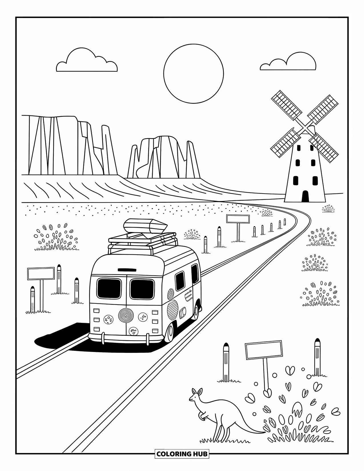 Australia Coloring Page for Adults: A camper van journeys past cliffs, bushes, and playful emus