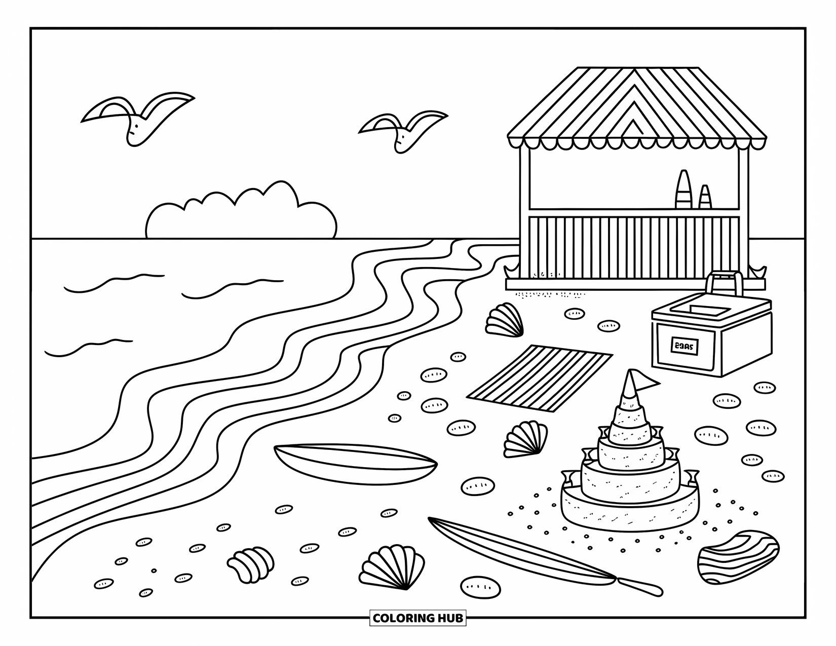 Australia Coloring Page for Adults: A cozy shoreline with surfboards, seashells, and a striped beach hut