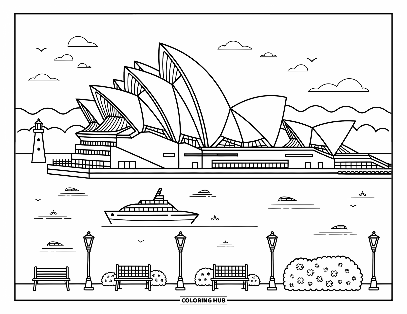 Australia Coloring Page for Adults: A kawaii Opera House with boats, benches, and a distant lighthouse
