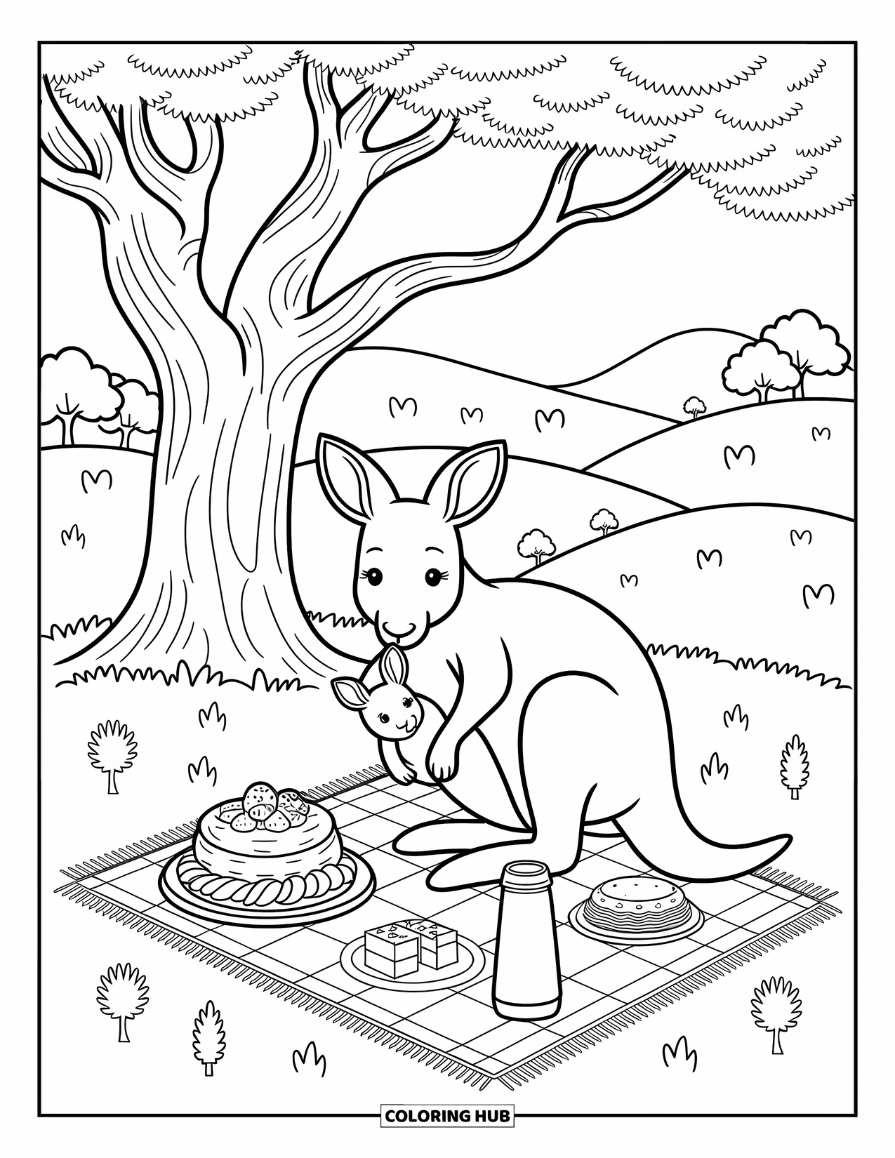 Australia Coloring Page for Adults: A mother kangaroo with her joey enjoys a picnic under a tree
