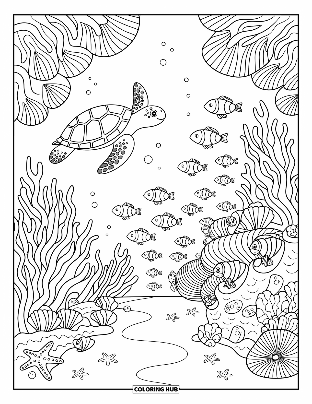 Australia Coloring Page for Adults: A sea turtle swims above coral with fish and clownfish nearby