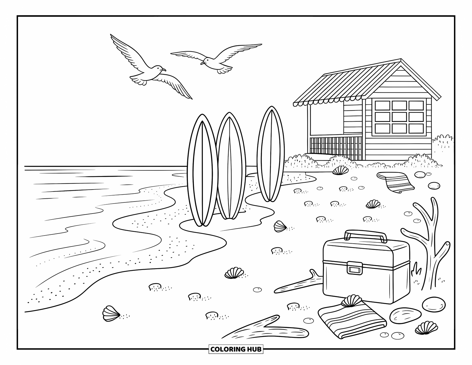 Australia Coloring Page for Adults: A shoreline with surfboards, footprints, and a striped hut in the sand