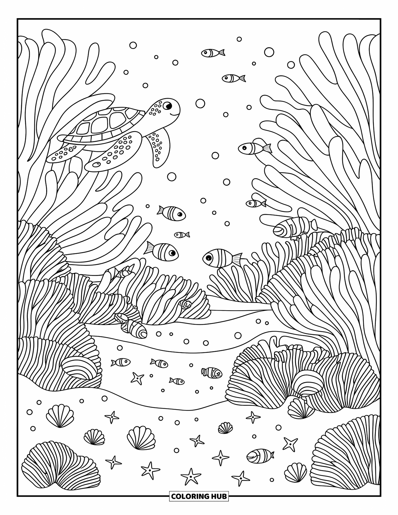 Australia Coloring Page for Adults: A turtle glides over coral with fish and clownfish below