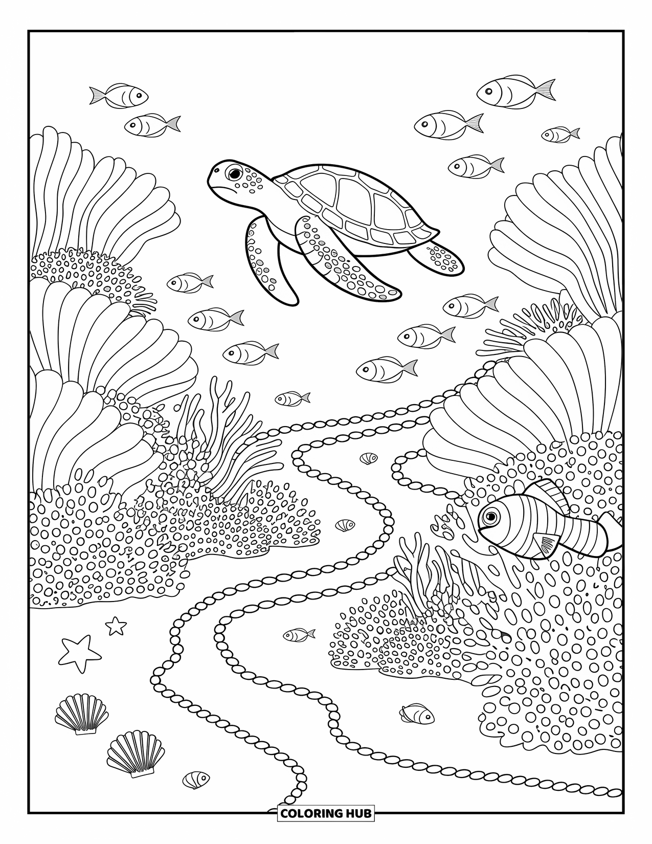 Australia Coloring Page for Adults: An underwater reef with a turtle, clownfish, and playful fish