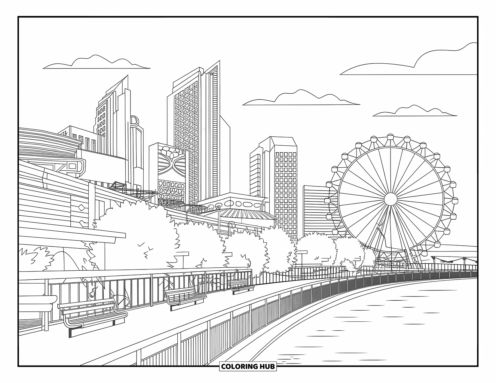 Australia Coloring Page for Adults: Brisbane South Bank skyline with patterned buildings and trees