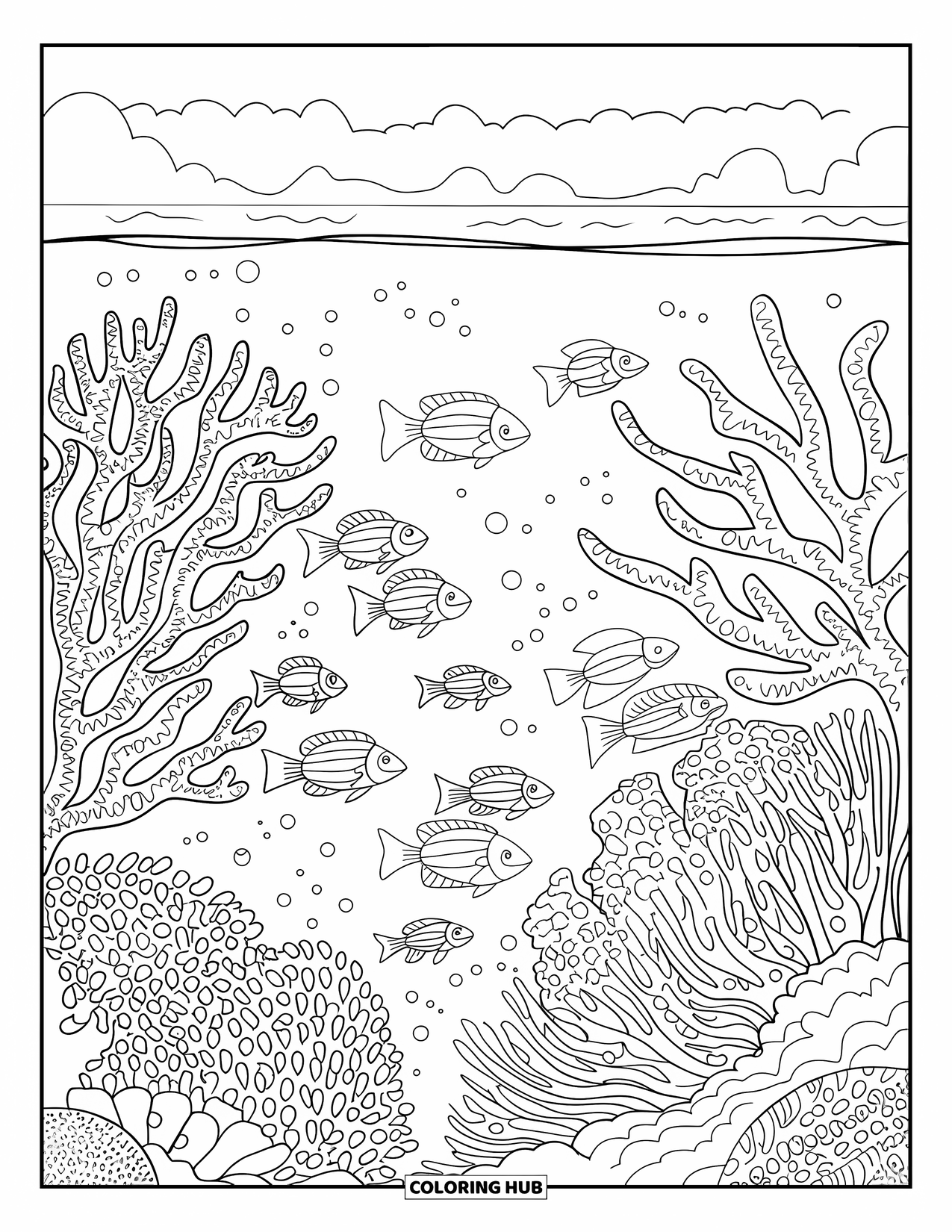 Australia Coloring Page for Adults: Coral reef with fish and textures beneath the water's surface