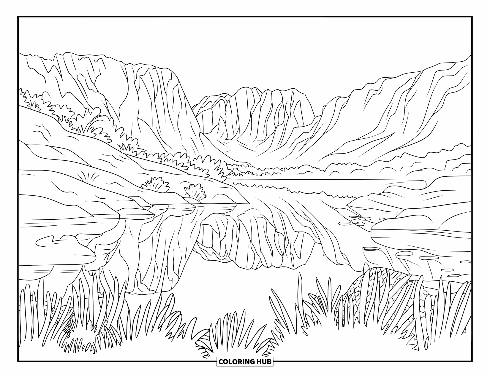 Australia Coloring Page for Adults: Cradle Mountain and Dove Lake with ridges, grass, and rocky terrain