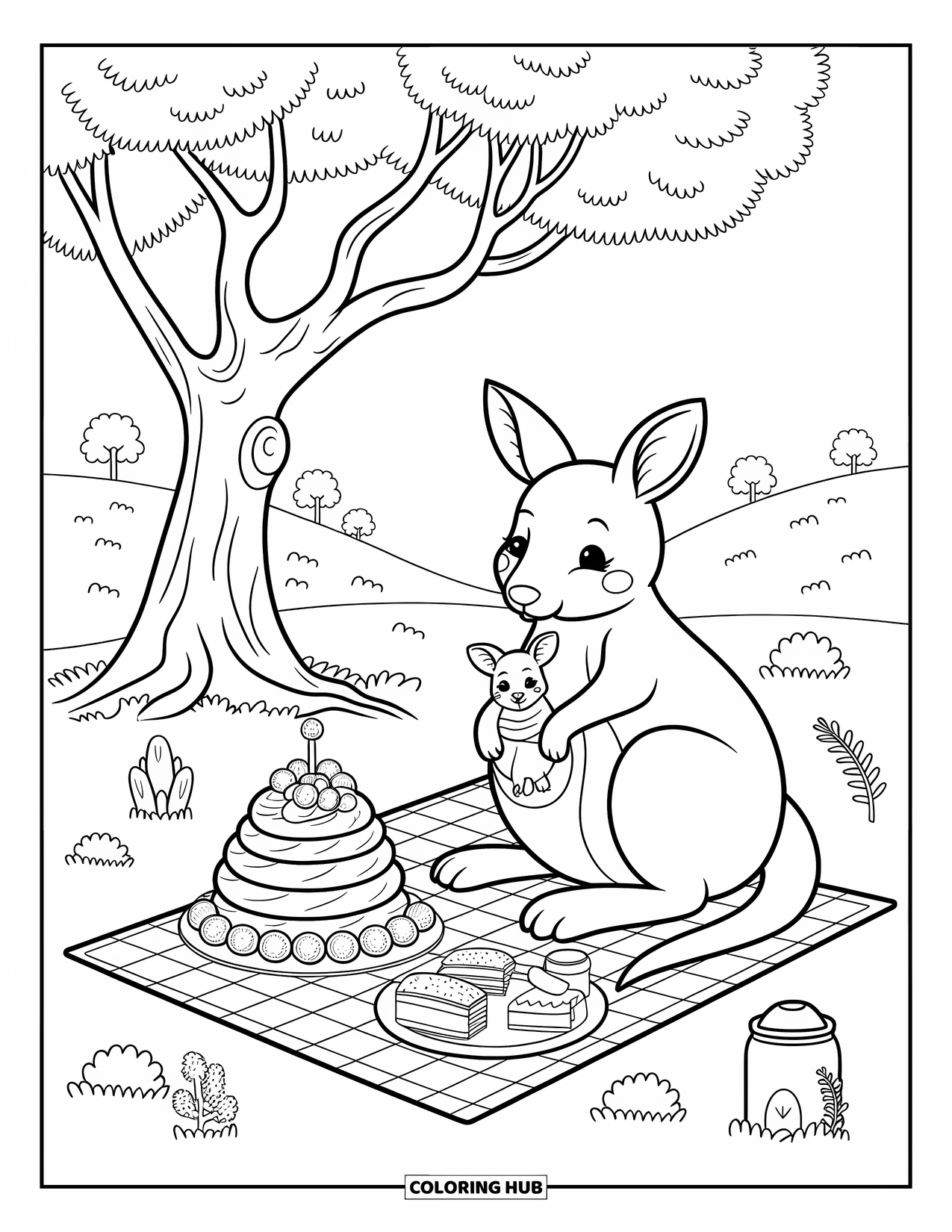 Australia Coloring Page for Adults: Kangaroo and joey rest near pavlova, lamingtons, and a thermos
