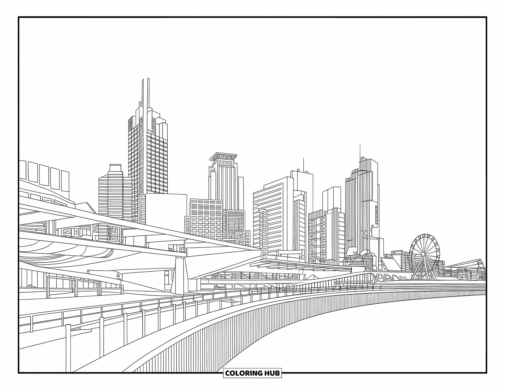 Australia Coloring Page for Adults: Modern South Bank skyline with a walkway and ferris wheel