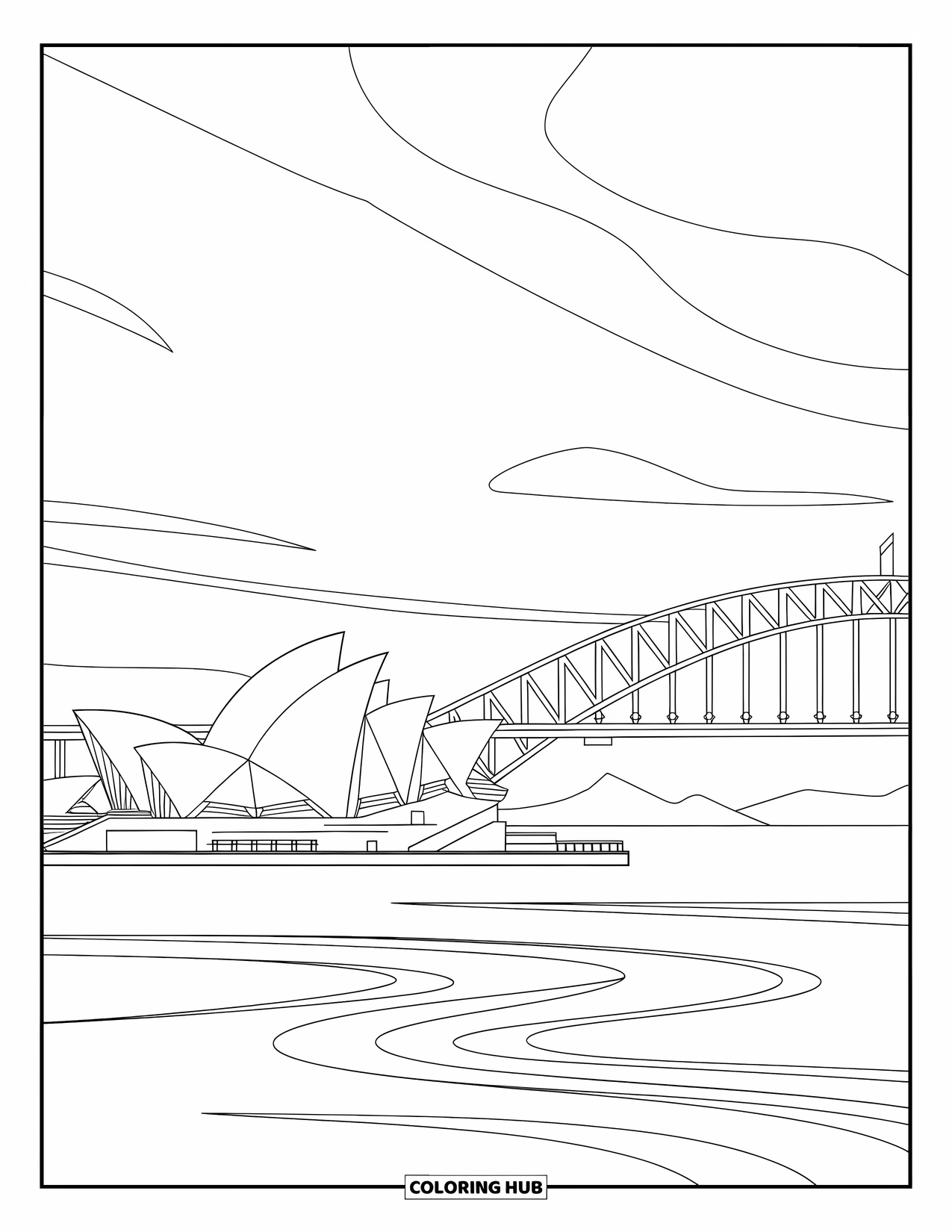 Australia Coloring Page for Adults: Opera House and Harbour Bridge with detailed water patterns