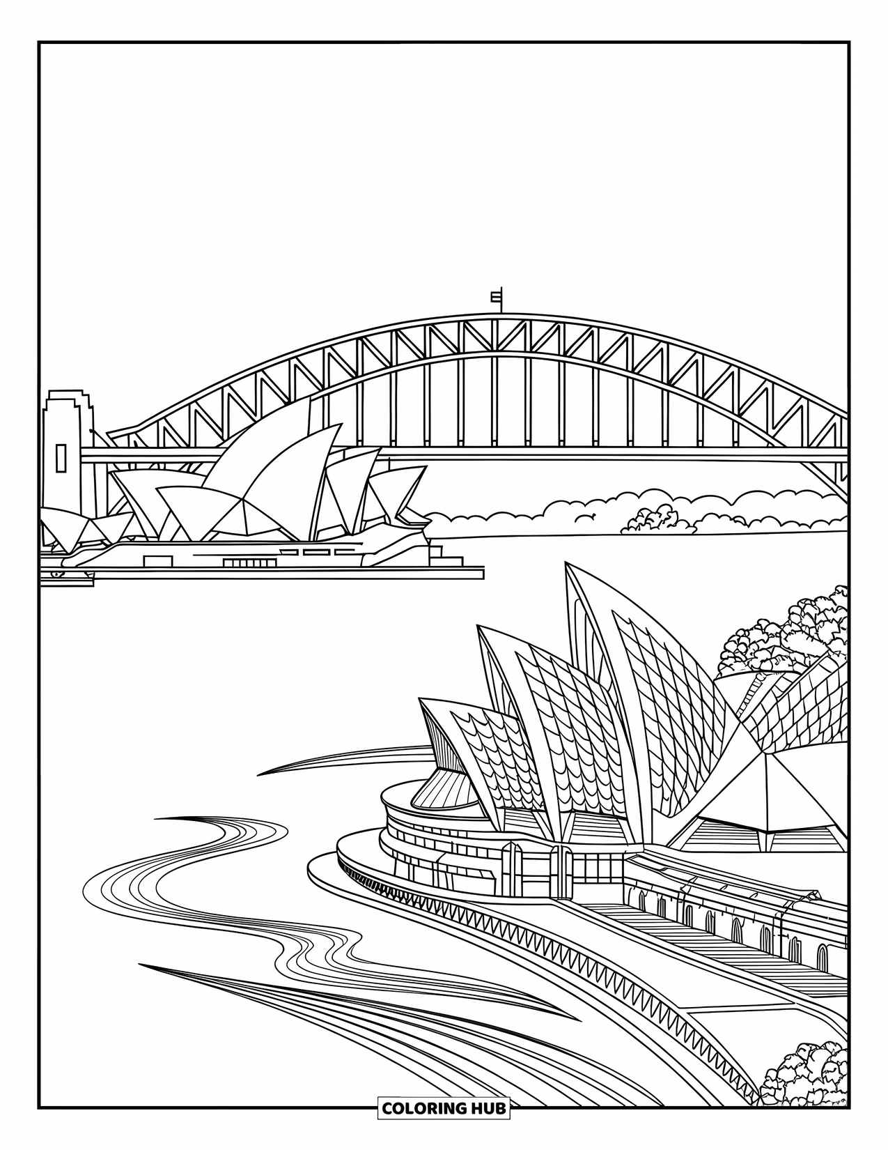 Australia Coloring Page for Adults: Panoramic Opera House and Harbour Bridge with bold outlines