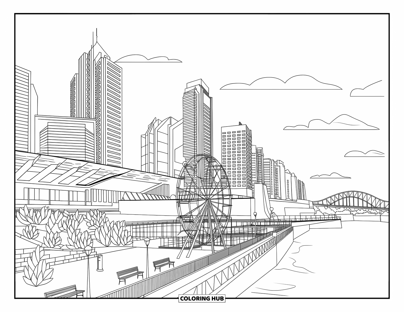 Australia Coloring Page for Adults: South Bank skyline with buildings, walkway, ferris wheel, and bridge
