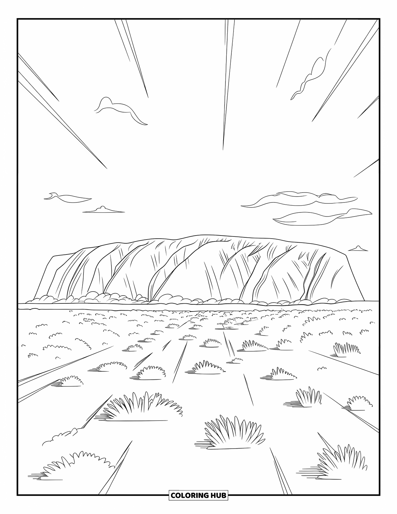 Australia Coloring Page for Adults: Sunrise view of Uluru with long shadows and vegetation
