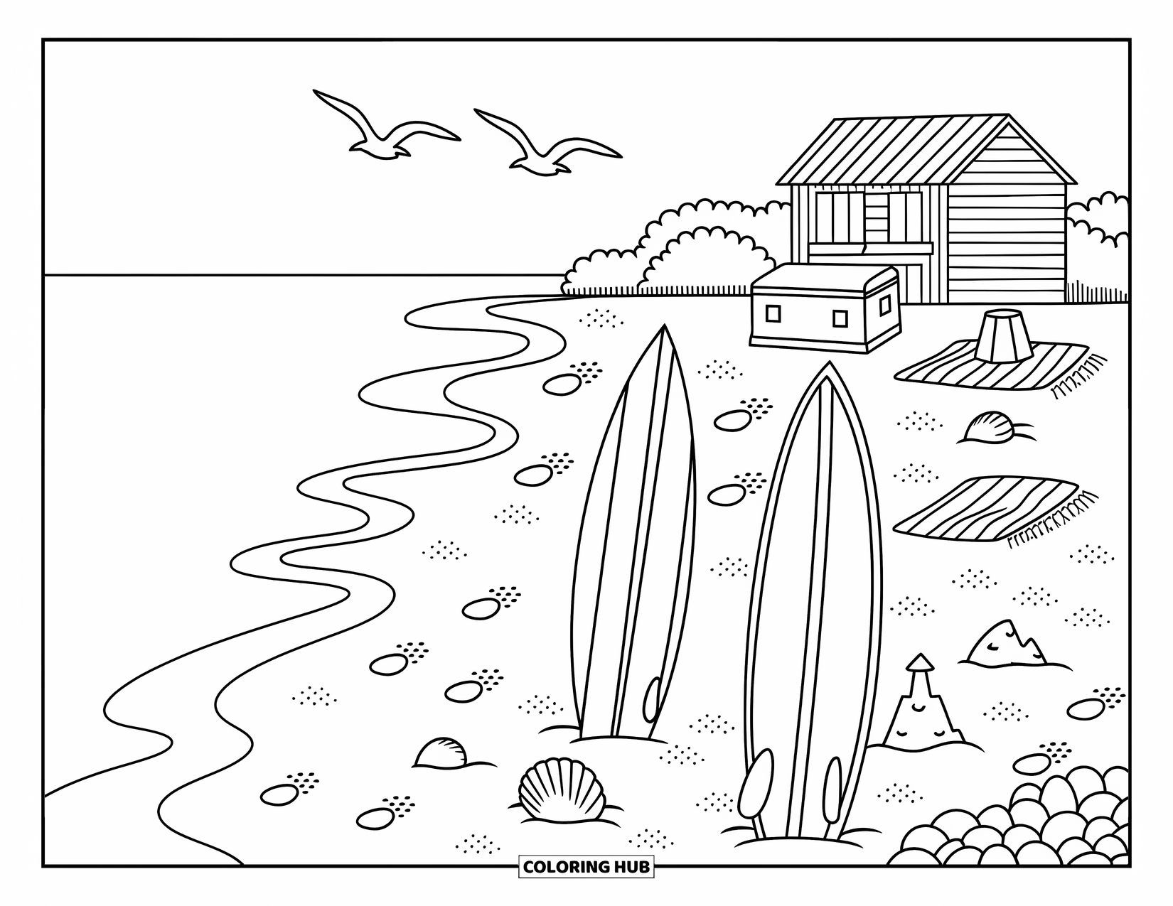 Australia Coloring Page for Adults: Surfboards, seashells, and a beach hut create a playful coastal scene