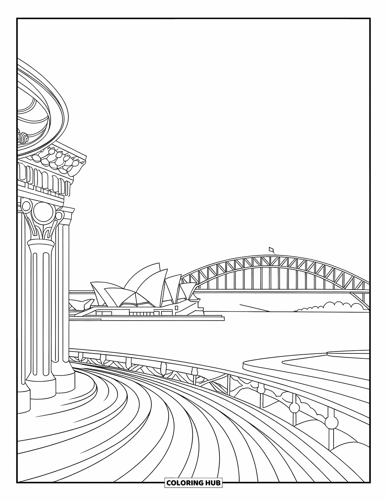 Australia Coloring Page for Adults: Sydney Opera House and Harbour Bridge with rippling water below