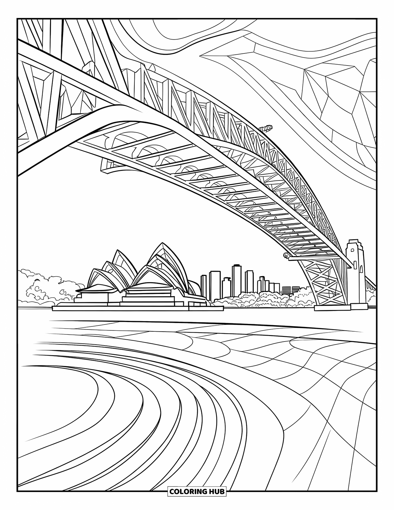 Australia Coloring Page for Adults: Sydney Opera House and Harbour Bridge with skyline and rippling waves