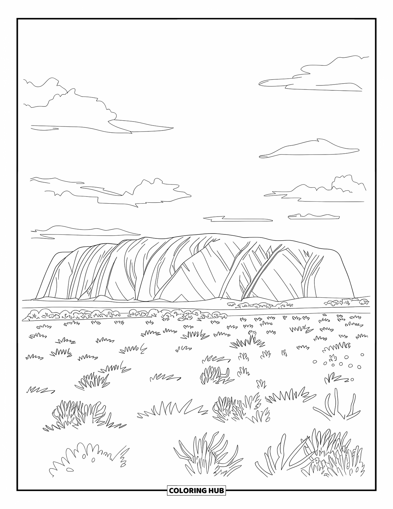 Australia Coloring Page for Adults: Uluru at sunrise with rugged rock and desert plants