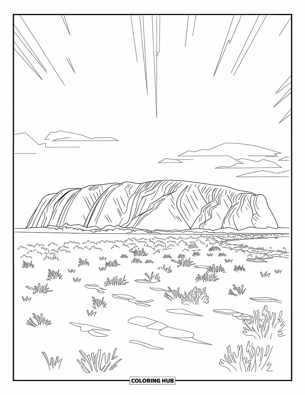 Australia Coloring Page for Adults: Uluru sunrise with scattered vegetation and a clear sky