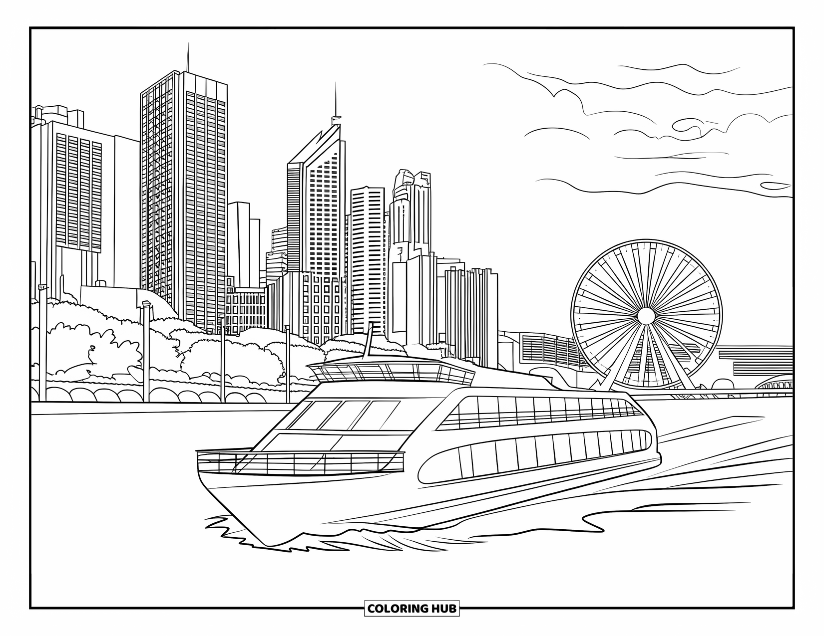 Australia Coloring Page for Kids: A Brisbane ferry sails by the skyline and the Wheel of Brisbane