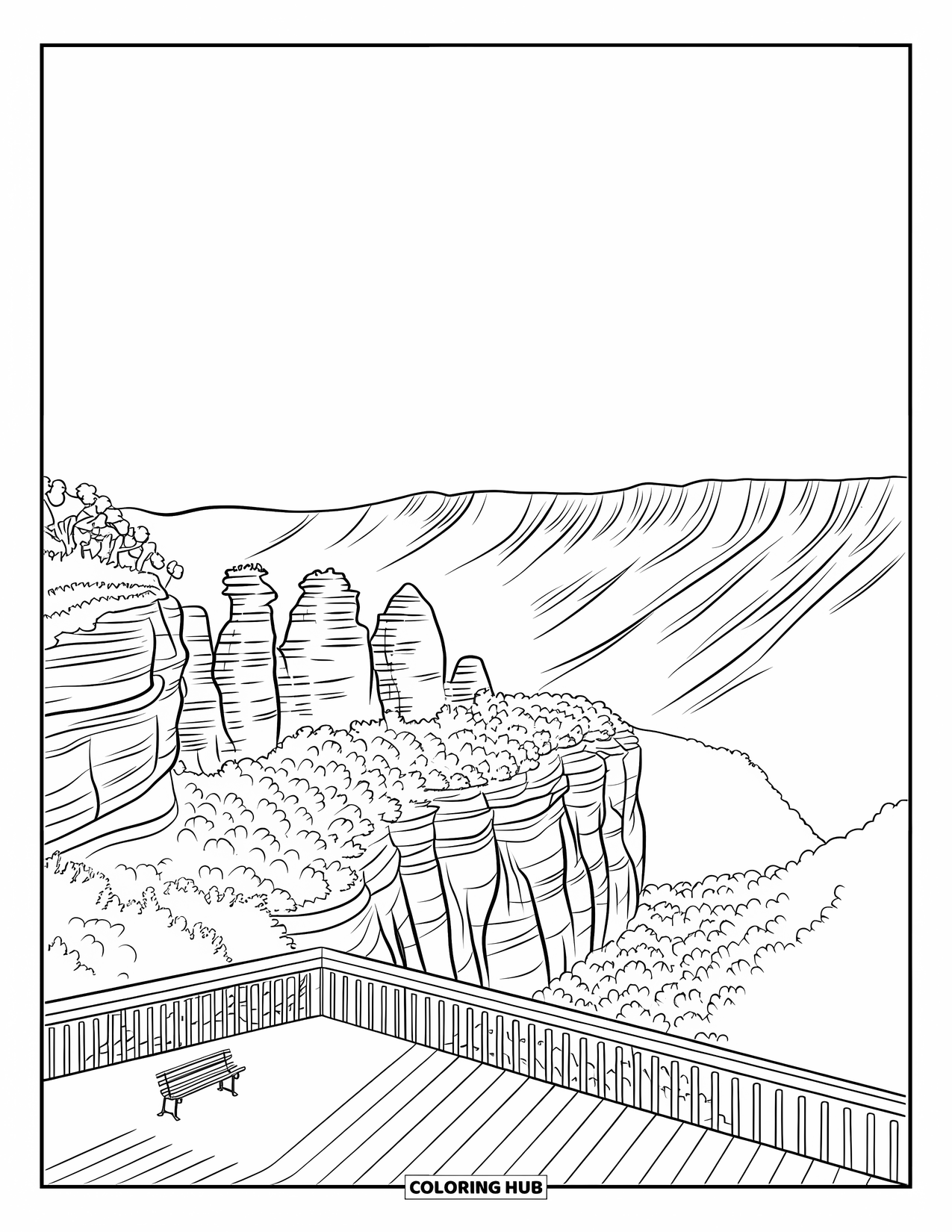 Australia Coloring Page for Kids: A cliffside lookout overlooks the Three Sisters and tree-covered valleys