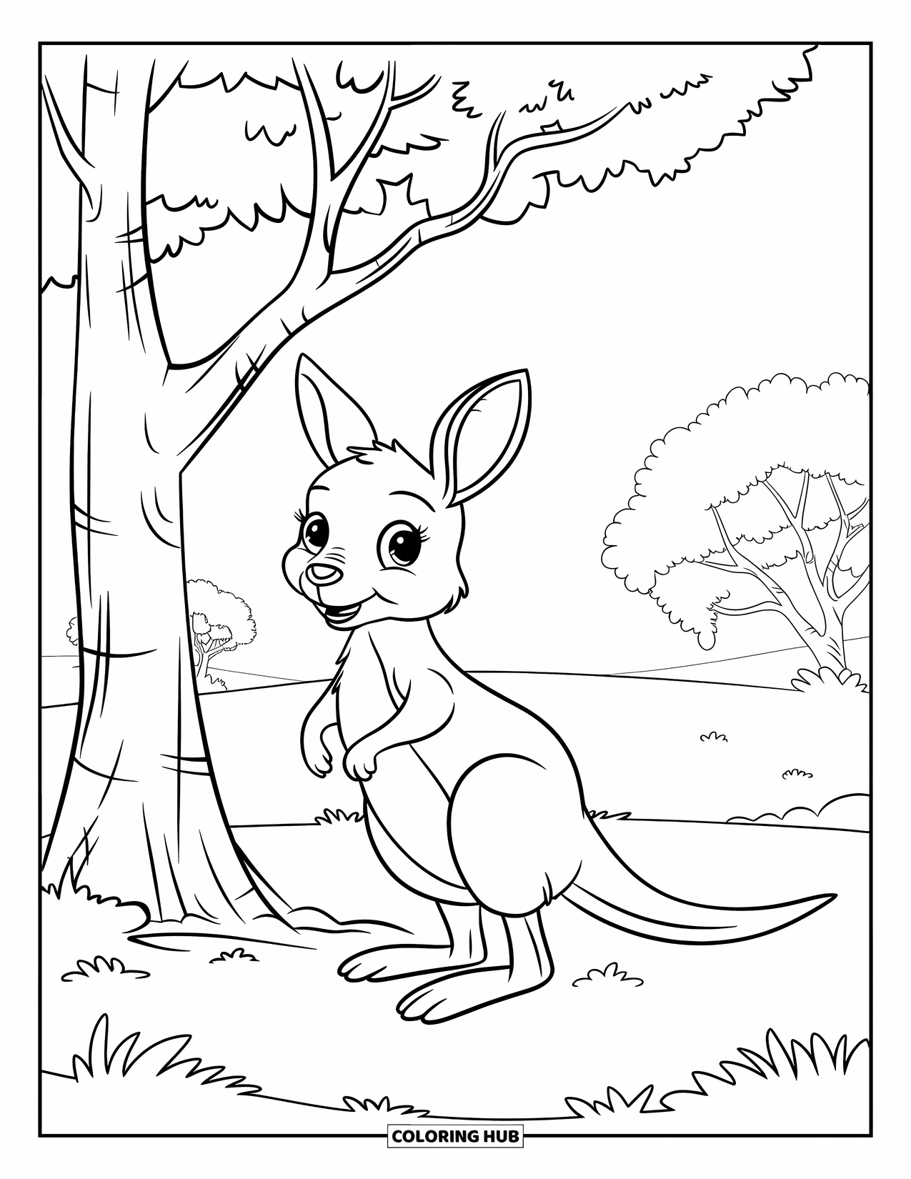 Australia Coloring Page for Kids: A kangaroo hops near a tree in the outback