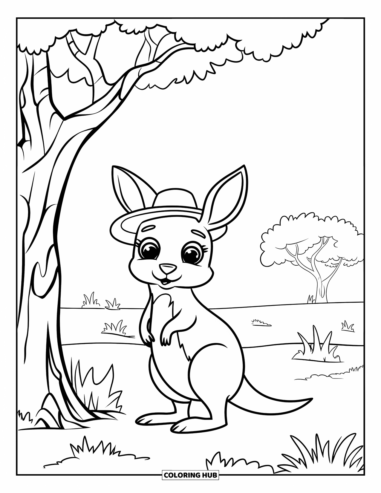 Australia Coloring Page for Kids: A kangaroo with a hat stands by a lone tree