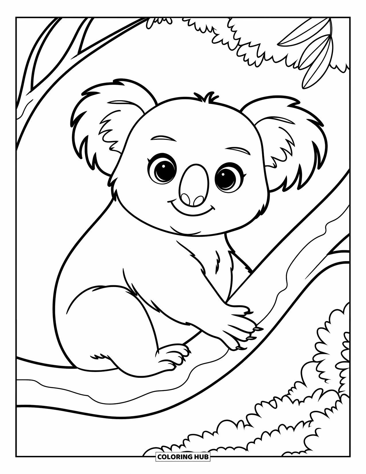 Australia Coloring Page for Kids: A koala perches on a curved eucalyptus branch