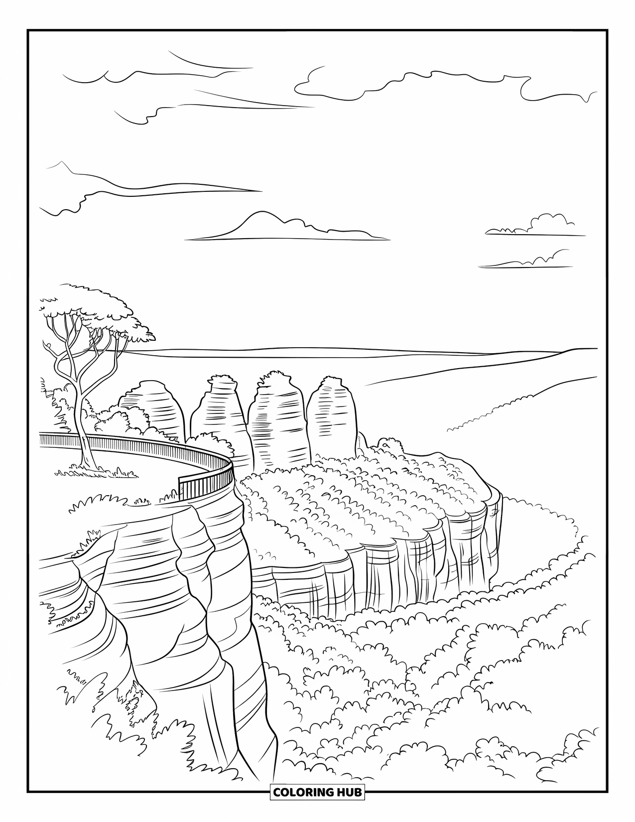 Australia Coloring Page for Kids: A lookout peers over the Three Sisters and vast mountains