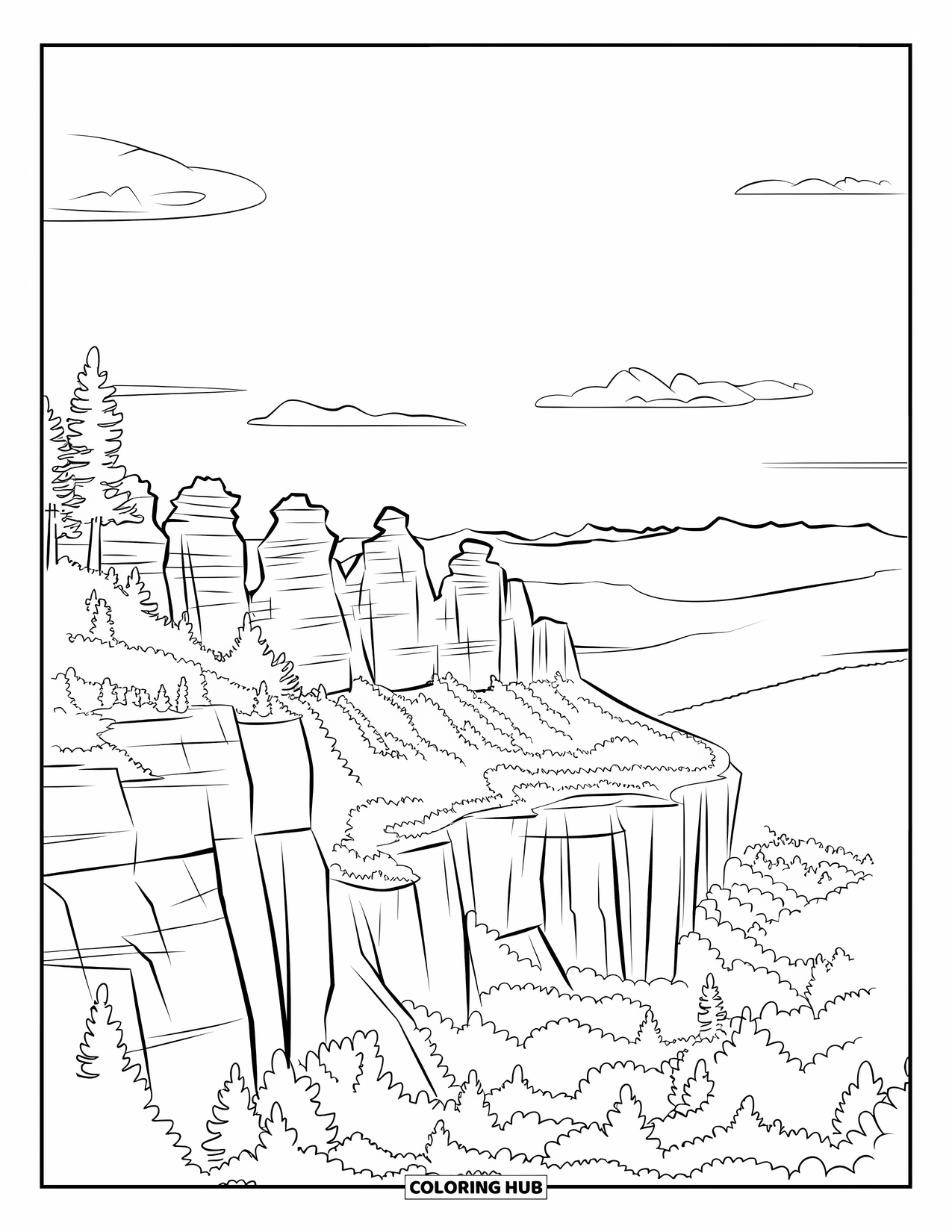 Australia Coloring Page for Kids: A lookout shows the Three Sisters and tree-covered cliffs in the Blue Mountains