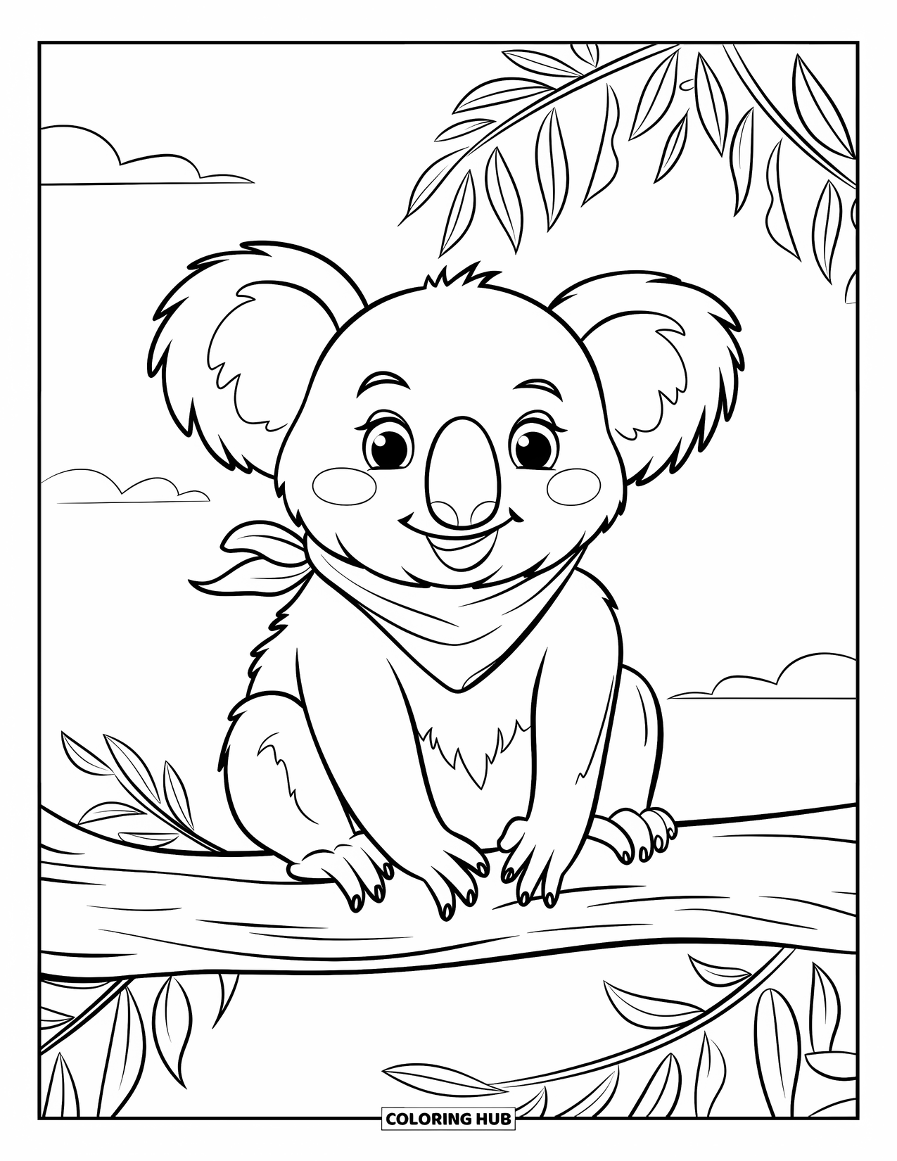Australia Coloring Page for Kids: A smiling koala sits on a thick eucalyptus branch