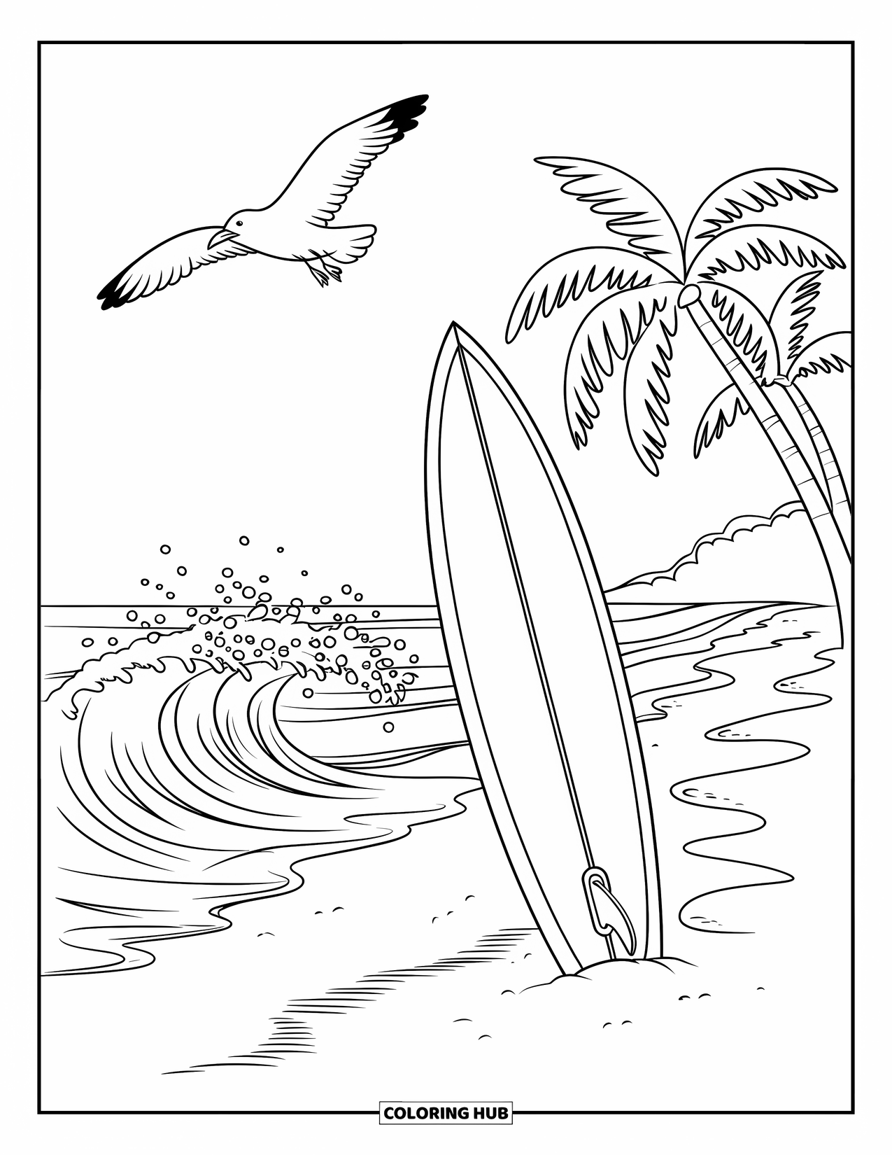 Australia Coloring Page for Kids: A surfboard in the sand with waves and palm trees