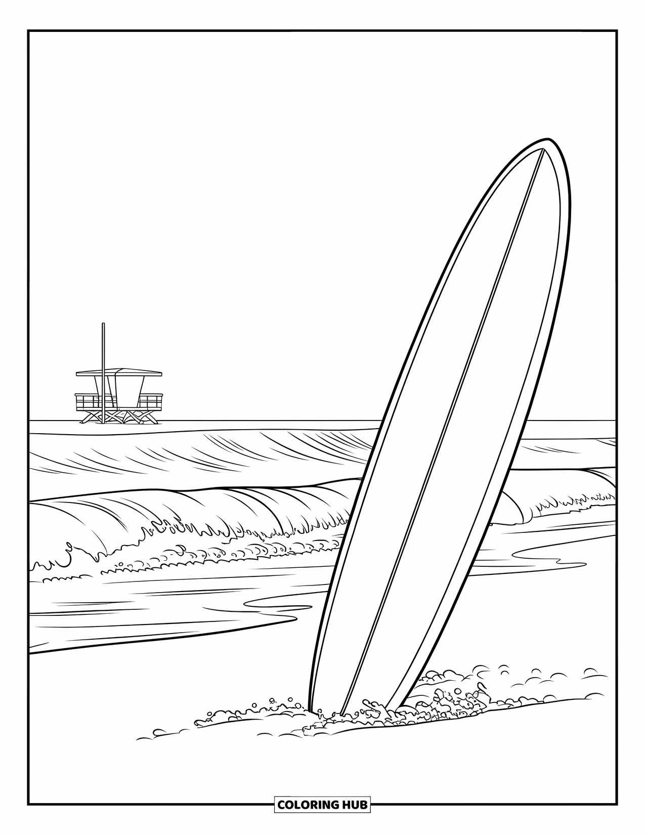 Australia Coloring Page for Kids: A surfboard stands in the sand near crashing waves and tower