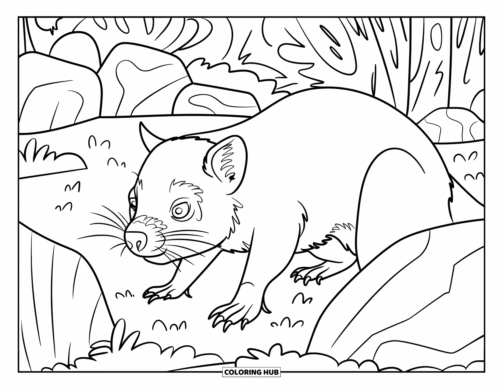 Australia Coloring Page for Kids: A Tasmanian devil sniffs near bushes and trees