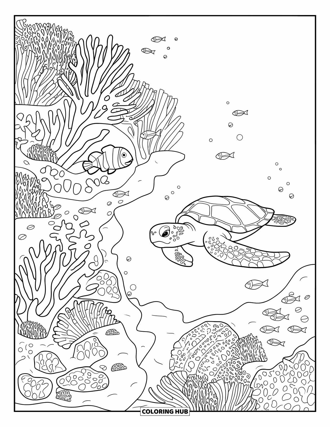 Australia Coloring Page for Kids: A turtle swims with clownfish among coral in the reef