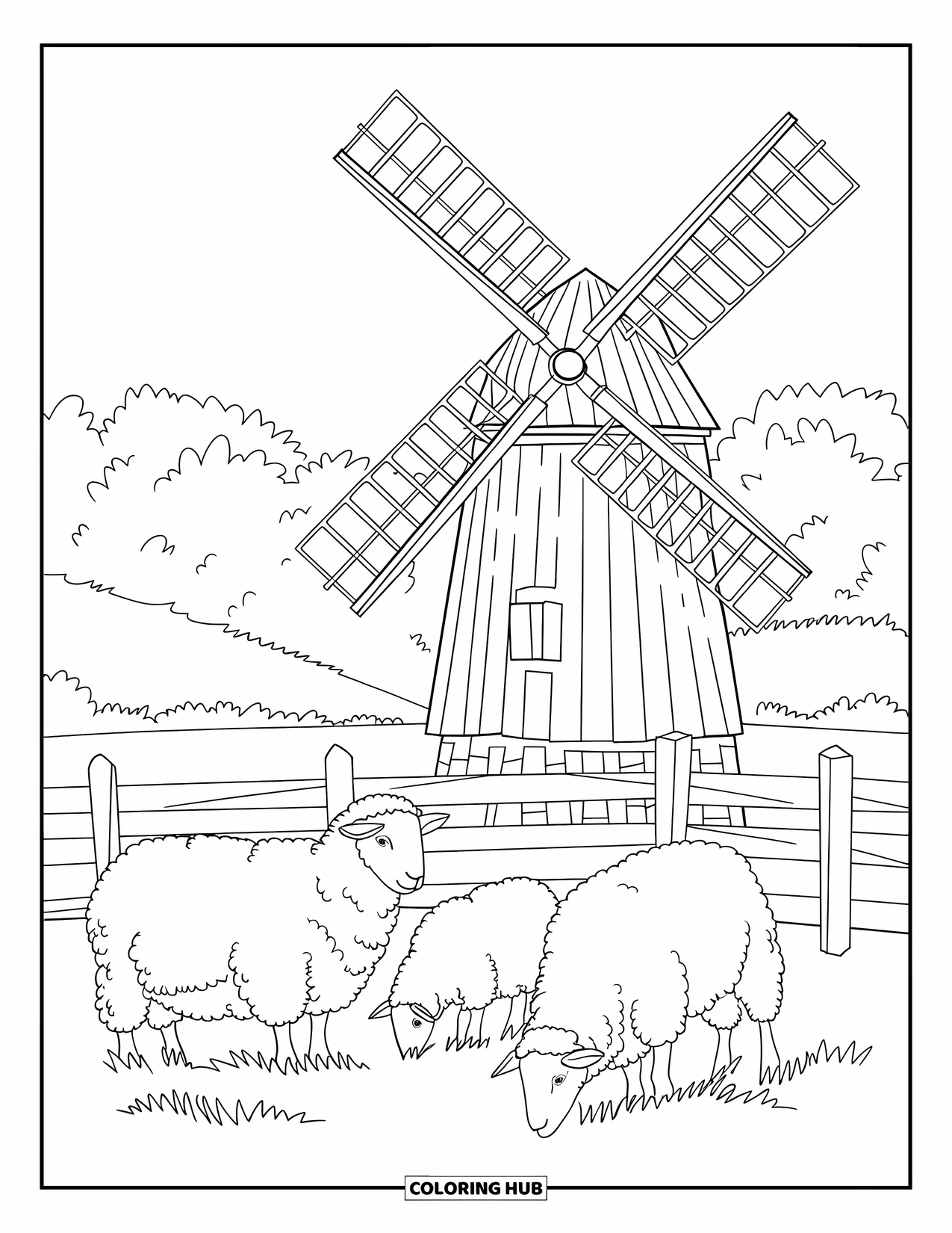 Australia Coloring Page for Kids: A windmill stands by a fence as sheep graze